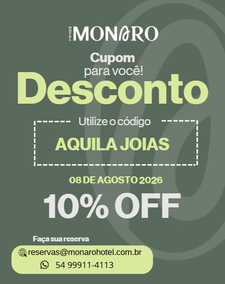 Cupom do Hotel Monaro com 10% de desconto para convidados da Aquila Joias, código AQUILA JOIAS, válido em 08 de agosto de 2026